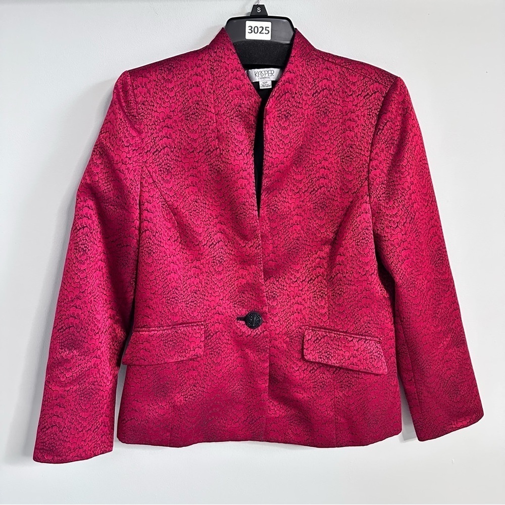Kasper Women Red and Black Blazer Satiny Jacquard One Button Pockets Formal 12P